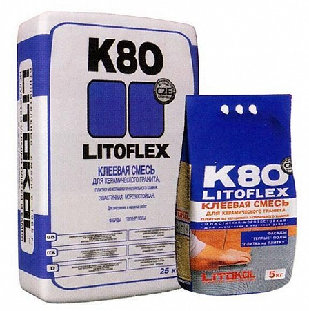 Высокоэластичный клей для плитки, керамогранита и камня Литофлекс К80 (Litoflex K80) белый, 25кг